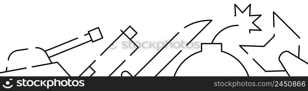 Military, army, war related horizontal banner or bottom border template background. Flat line vector illustration isolated on white.. Military, army, war related horizontal banner or border template. Flat line vector illustration isolated on white