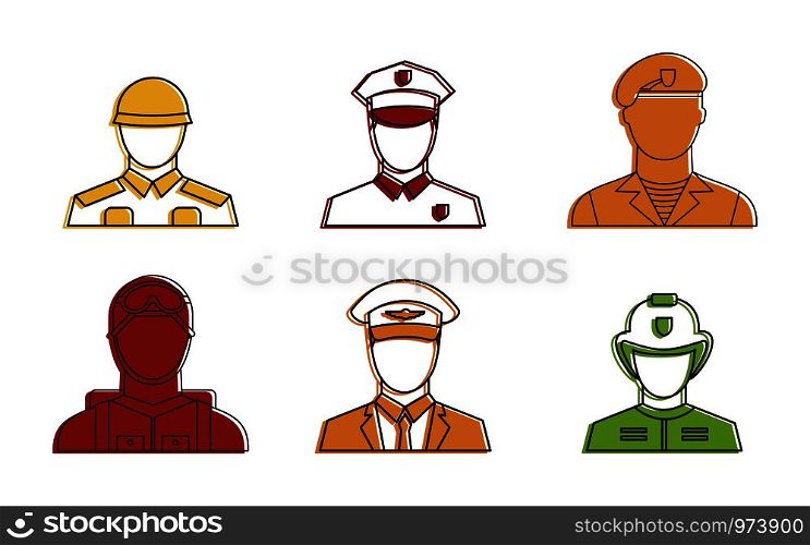 Military avatar icon set. Color outline set of military avatar vector icons for web design isolated on white background. Military avatar icon set, color outline style