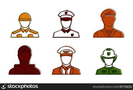 Military avatar icon set. Color outline set of military avatar vector icons for web design isolated on white background. Military avatar icon set, color outline style