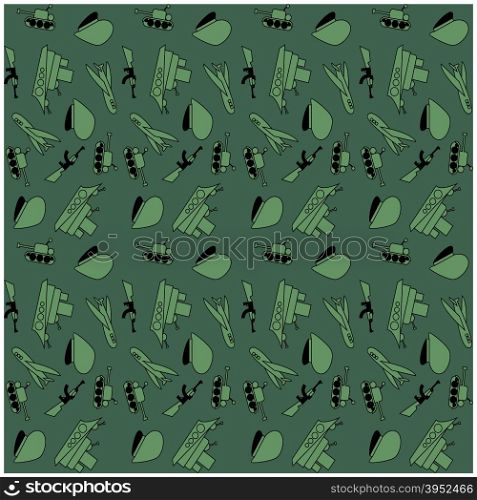 Military Background army pattern. ?artoon military equipment. Tank, plane, cap, weapons, military ship. February 23