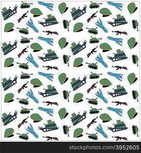 Military Background army pattern. ?artoon military equipment. Tank, plane, cap, weapons, military ship. February 23