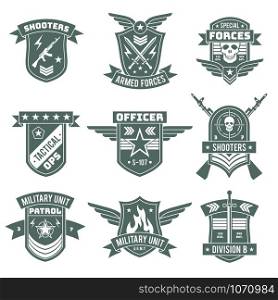 Military badges. Army patches, embroidery chevron with ribbon and star, gun and skull. Vintage soldier clothing tag, t-shirt vector militaries stickers design. Military badges. Army patches, embroidery chevron with ribbon and star, gun and skull. Vintage soldier clothing tag, t-shirt vector design
