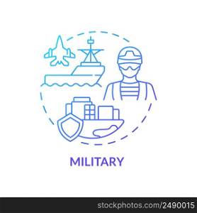 Military blue gradient concept icon. Armed forces. State defence and security. Social institution abstract idea thin line illustration. Isolated outline drawing. Myriad Pro-Bold font used. Military blue gradient concept icon