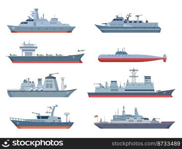 Military boats. Navy ship, sea or ocean transport. War boat with fighter aircraft. Isolated flat submarine, battleship and speedboat. Vessels exact vector set of navy ship, sea military illustration. Military boats. Navy ship, sea or ocean transport. War boat with fighter aircraft. Isolated flat submarine, battleship and speedboat. Vessels exact vector set