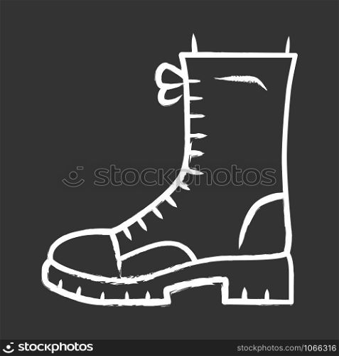 Military boots chalk icon. Women army rough shoes side view. Female chunky footwear design for fall, spring and winter. Apparel, ladies clothing accessory. Isolated vector chalkboard illustration