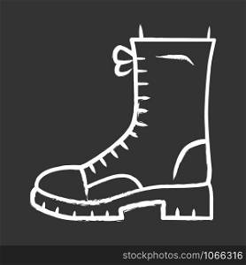 Military boots chalk icon. Women army rough shoes side view. Female chunky footwear design for fall, spring and winter. Apparel, ladies clothing accessory. Isolated vector chalkboard illustration