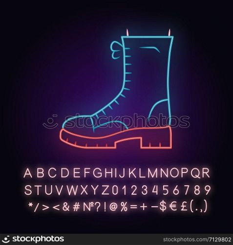 Military boots neon light icon. Women army rough shoes side view. Female chunky footwear design for fall, spring. Glowing sign with alphabet, numbers and symbols. Vector isolated illustration