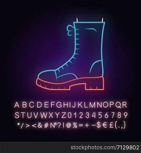 Military boots neon light icon. Women army rough shoes side view. Female chunky footwear design for fall, spring. Glowing sign with alphabet, numbers and symbols. Vector isolated illustration
