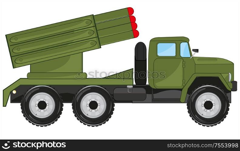 Military car with missile installation hail on white background is insulated. Vector illustration of the cartoon of the military car with installation hail