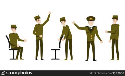 Military Cartoon Character Collection. Isolated Soldier Set in Uniform. Government Guys in Various Pose and Expression. Captain Officer and Sergeant Sitting and Standing. Funny Serviceman.. Military Cartoon Character. Isolated Soldier Set