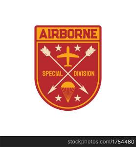 Military chevron airborne special division squad patch on uniform. Vector parachuting skydiving aviation forces, shield with armed amour. Army air squad, emblem with crossed arrows and plane. Airborne special division isolate military chevron