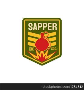 Military chevron of sappers combat engineers squad isolated patch on uniform with fire and bomb. Vector sapper, pioneer combat engineers special division combatant chevron, fortifications breaching. Sapper, pioneer combat engineers division chevron