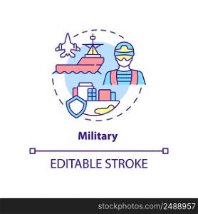 Military concept icon. Armed forces. State defence. Social institution abstract idea thin line illustration. Isolated outline drawing. Editable stroke. Arial, Myriad Pro-Bold fonts used. Military concept icon