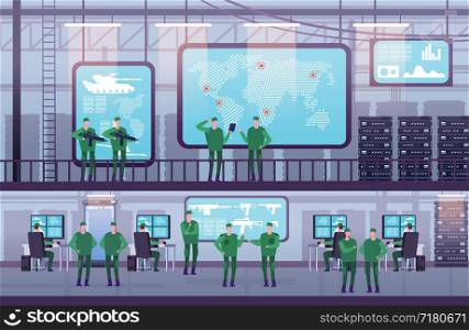 Military control center. People working with computer in government office. Futuristic control center with monitor. Vector illustration. Army base and center security military, controller geolocation. Military control center. People working with computer in government office. Futuristic control center with monitor. Vector illustration