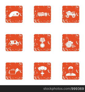 Military court icons set. Grunge set of 9 military court vector icons for web isolated on white background. Military court icons set, grunge style