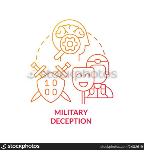 Military deception red gradient concept icon. Mislead and influence adversary. Information operations abstract idea thin line illustration. Isolated outline drawing. Myriad Pro-Bold font used. Military deception red gradient concept icon