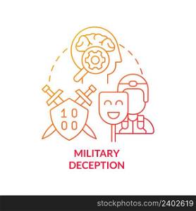 Military deception red gradient concept icon. Mislead and influence adversary. Information operations abstract idea thin line illustration. Isolated outline drawing. Myriad Pro-Bold font used. Military deception red gradient concept icon