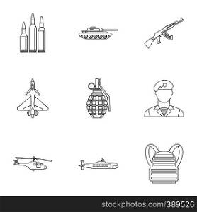 Military defense icons set. Outline illustration of 9 military defense vector icons for web. Military defense icons set, outline style