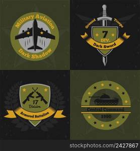 Military emblems color 2x2 design concept with flat colourful emblems of war service insignia with weapons vector illustration. Military Ensign Design Concept