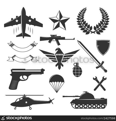 Military emblems elements set of isolated monochrome images of weapons signs and symbols on blank background vector illustration. Military Emblem Elements Collection