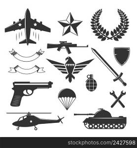 Military emblems elements set of isolated monochrome images of weapons signs and symbols on blank background vector illustration. Military Emblem Elements Collection