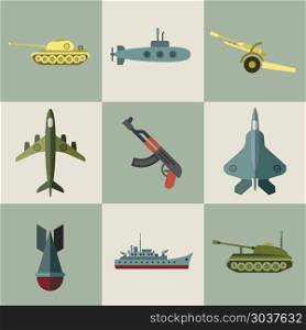 Military equipment and weaponry flat icons. Military equipment and weaponry flat icons. Army warship, army plane, army equipment illustration