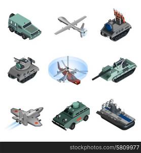 Military equipment isometric set with helicopter armoured vehicle truck isolated vector illustration. Military Equipment Isometric