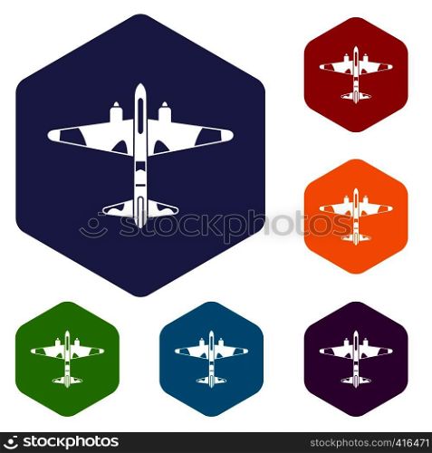 Military fighter aircraft icons set rhombus in different colors isolated on white background. Military fighter aircraft icons set