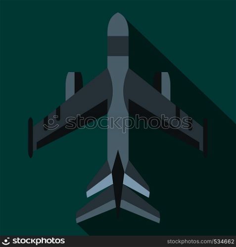 Military fighter jet icon in flat style on a blue background. Military fighter jet icon, flat style