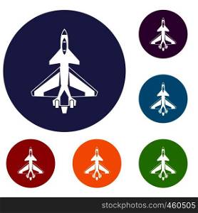 Military fighter jet icons set in flat circle reb, blue and green color for web. Military fighter jet icons set
