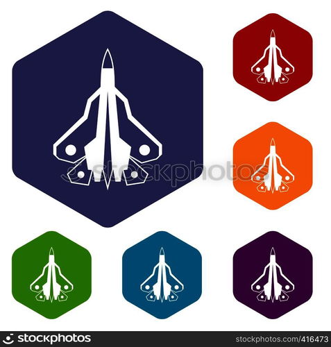 Military fighter plane icons set rhombus in different colors isolated on white background. Military fighter plane icons set