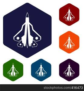 Military fighter plane icons set rhombus in different colors isolated on white background. Military fighter plane icons set