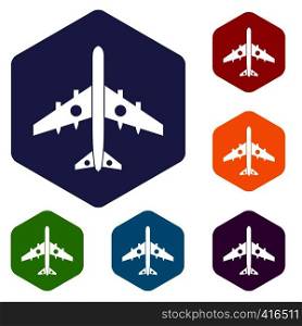 Military fighter plane icons set rhombus in different colors isolated on white background. Military fighter plane icons set
