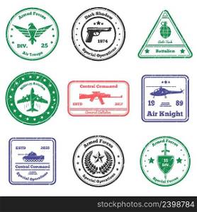 Military grunge st&s collection of nine flat postal st&s with text captions signs and weapon symbols vector illustration. Military Insignia St&s Set
