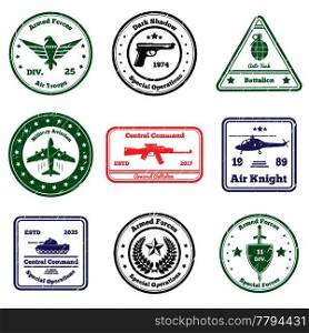 Military grunge stamps collection of nine flat postal stamps with text captions signs and weapon symbols vector illustration. Military Insignia Stamps Set