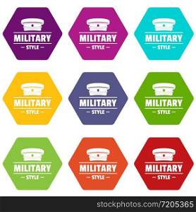 Military hat icons 9 set coloful isolated on white for web. Military hat icons set 9 vector