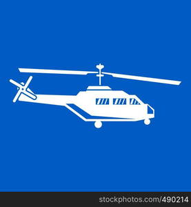 Military helicopter icon white isolated on blue background vector illustration. Military helicopter icon white