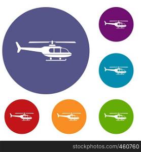 Military helicopter icons set in flat circle reb, blue and green color for web. Military helicopter icons set