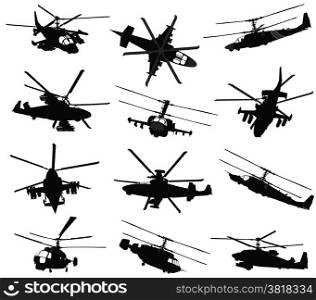 Military helicopter silhouettes set. Vector on separate layers