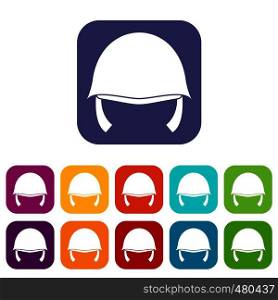 Military helmet icons set vector illustration in flat style in colors red, blue, green, and other. Military helmet icons set
