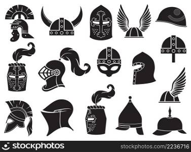 Military helmets vector icons set (ancient Roman, Gallic, Norman, viking, Greek or Spartan warrior, medieval knight)