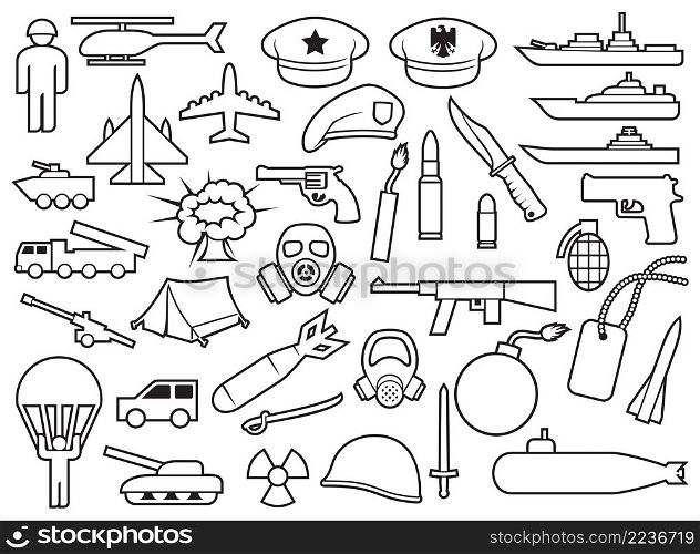Military icons: knife, handgun, bomb, bullet, gas mask, sword, helmet, captain hat, explosion, dynamite, tent, machine gun, beret, armoured personnel carrier, aircraft, battleship, plane