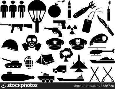 Military icons (knife, handgun, bomb, bullet, gas mask, sword, helmet, captain hat, explosion, dynamite, tent, machine gun, beret, aircraft carrier, battleship)