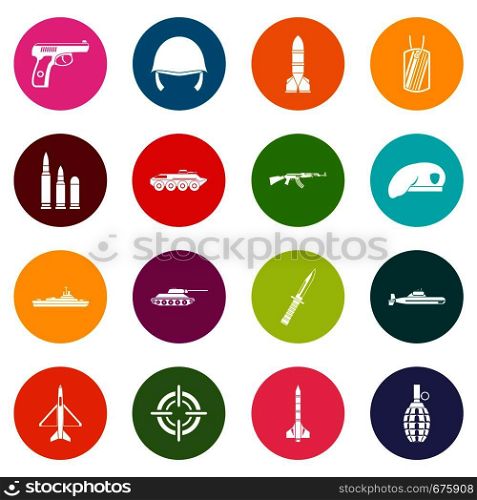 Military icons many colors set isolated on white for digital marketing. Military icons many colors set