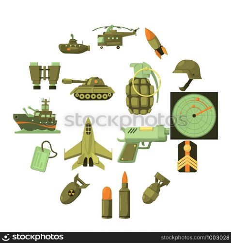 Military icons set. Cartoon illustration of 16 military vector icons for web. Military icons set, cartoon style