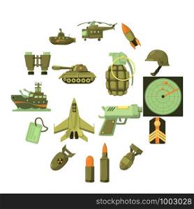 Military icons set. Cartoon illustration of 16 military vector icons for web. Military icons set, cartoon style