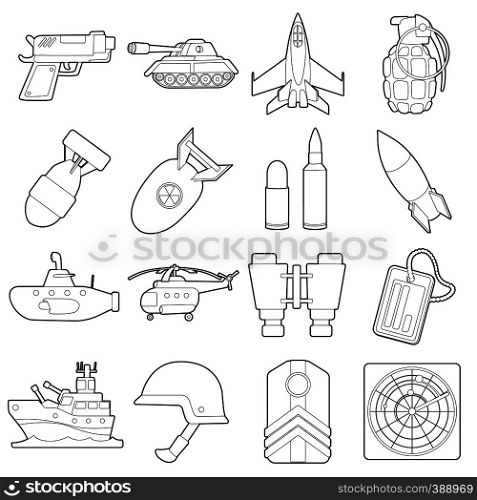 Military icons set. Outline cartoon illustration of 16 military vector icons for web. Military icons set, outline cartoon style