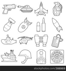 Military icons set. Outline cartoon illustration of 16 military vector icons for web. Military icons set, outline cartoon style