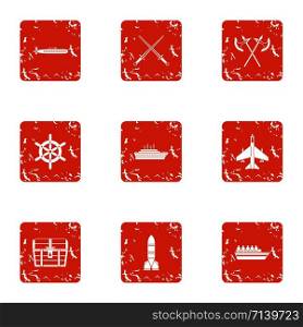 Military industry icons set. Grunge set of 9 military industry vector icons for web isolated on white background. Military industry icons set, grunge style