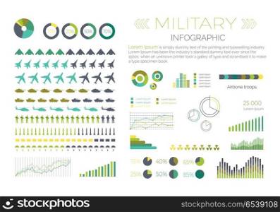 Military infographic elements set. Aircraft, tanks, helicopters, missile, soldier, paratrooper isolated vector silhouettes. Armament symbols, armed forces icons, various colored diagrams and data. Military Infographic Vector Elements Set. Military Infographic Vector Elements Set